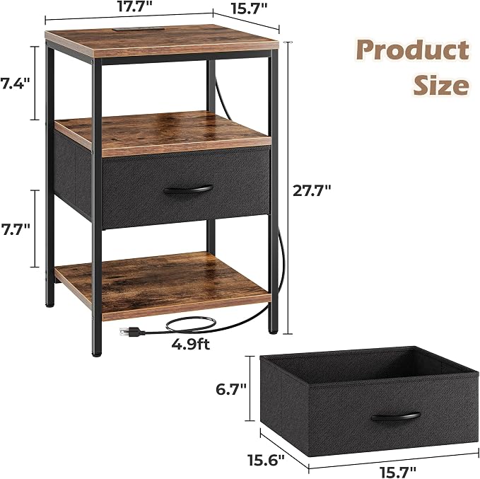 SUPERJARE Night Stand with Charger Station, 27.7 Inch Tall Nightstand with Adjustable Fabric Drawer, Bed Side Table, Fabric Drawer Dresser for Bedroom, Living Room, Rustic Brown and Black - Image 3