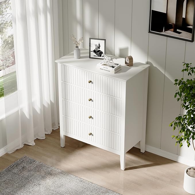 RoyalCraft White Fluted 4 Drawer Dresser for Bedroom, Modern Chest of Drawers, Wood Dresser for Storage Clothes, Wooden Storage Cabinet Nightstand for Bedroom, Hallway, Living Room, Entryway - Image 9