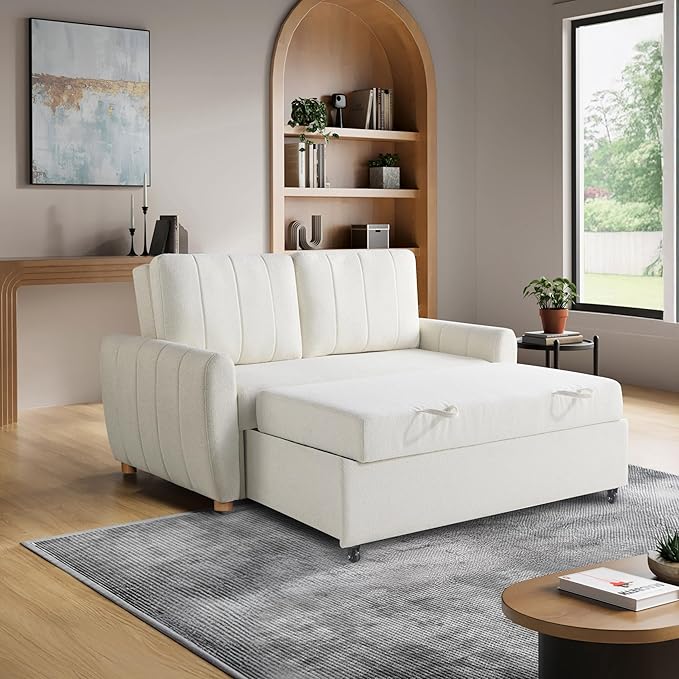 Serta Galway 66.5" Convertible Sleeper Loveseat, Full Size, Dreamcoil Comfort, FingerGuard Pinch Point Protection, Boucle Fabric, Ivory