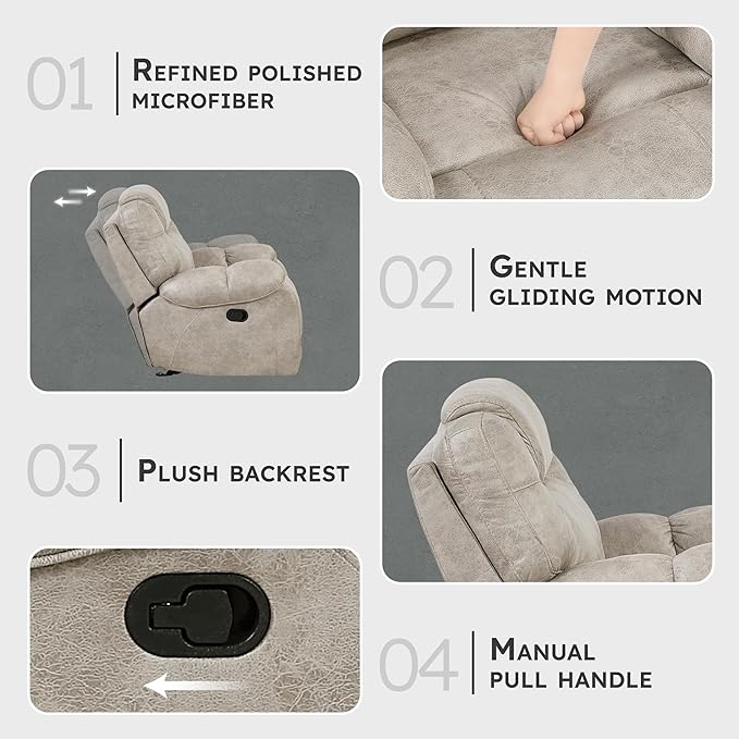 Lexicon Manual Glider Recliner Chair, Polished Microfiber Upholstered Manual Tab Pull Reclining Nursery Chair for Living Room, Pillow Top Armrest, Padded Headrest, Easy Assembly, Pewter