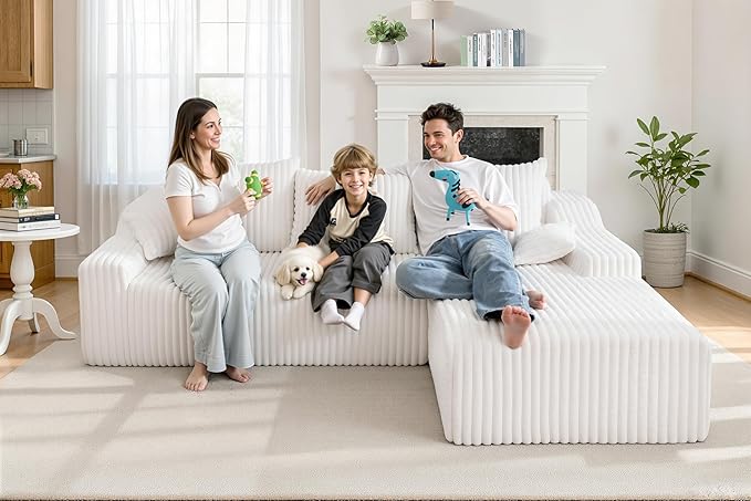 Homguava 94'' Cloud Sectional Couch, Modular L-Shape Couch with Chaise, Boneless Sofa with Deep Seat for Living Room Bedroom,No Assembly Required(Beige,Right Facing Chaise)