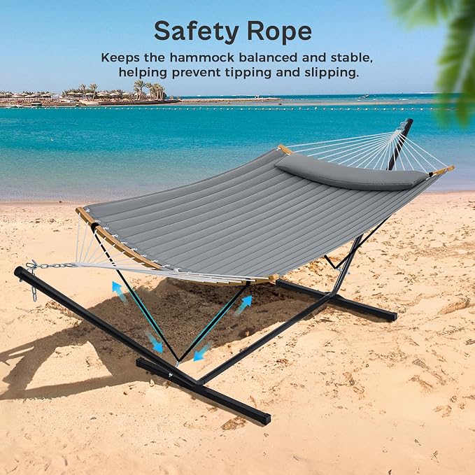 SUPERJARE Hammock with Stand, 2 Person Heavy Duty Hammock Frame, Detachable Pillow & Strong Curved-Bar & Portable Carrying Bag, Perfect for Outdoor & Indoor - Gray - Image 5
