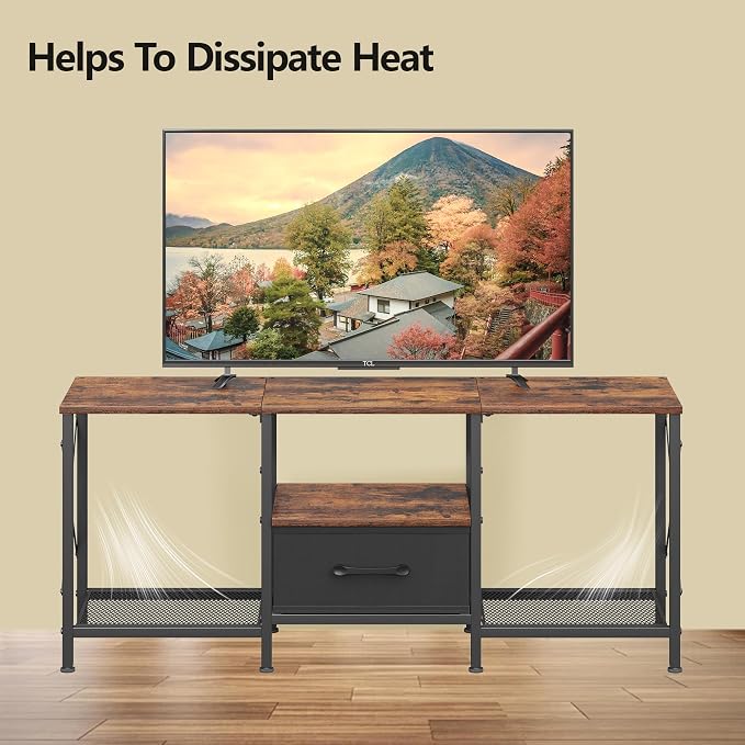 JARHETUN TV Stand with Fabric Drawer, Entertainment Center for 50 55 Inch TV, Industrial TV Console Table with Open Storage Shelves for Living Room, Bedroom, Rustic Brown - Image 6