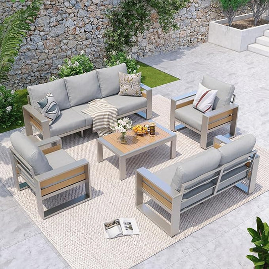 Aoxun Aluminum Patio Furniture Set, 7 Seats Luxury Metal Patio Conversation Sets with Coffee Table, Thick Cushions and Waterproof Cover, Modern Outdoor Furniture Set for Backyard/Poolside, Light Grey