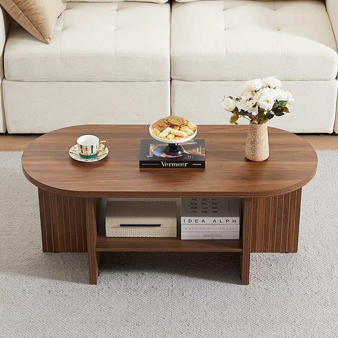 43.3” Coffee Table with Storage, Oval Coffee Tables for Living Room, Farmhouse Fluted Coffee Table with Large Storage Shelf, Wood Center Table for Small Space, Walnut