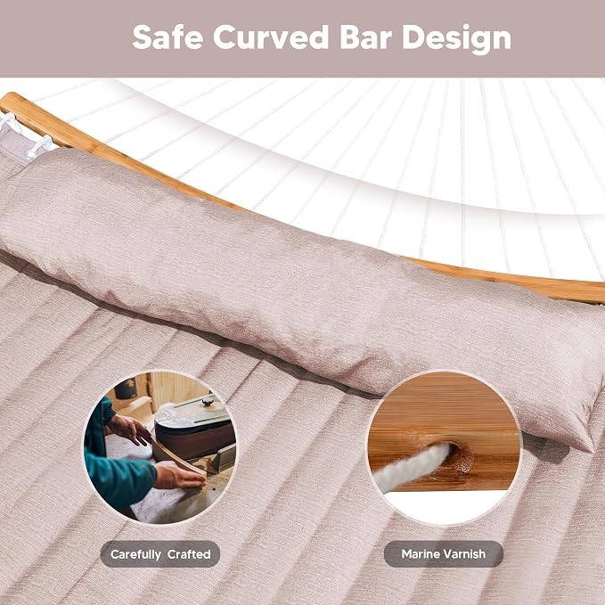 SUNCREAT 55 Inch Large Double Hammock with Stand, 450lbs Capacity, Outdoor Portable Hammock with Curved Spreader Bar, Extra Large Pillow, Tan - Image 3