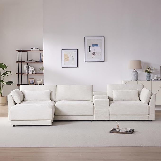 124" L-Shaped Corner Sectional Sofa with Multi-Functional Storage Console for Home Apartment, Luxury Chenille Upholstered Cloud Couches W/Wireless Charger & Ottoman