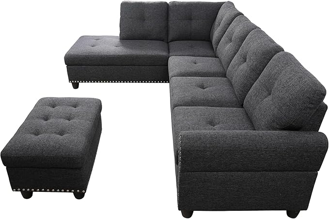Modular Sectional Sofa Set, Modern L Shaped Sectional Sofa Set with Storage Ottoman & 2 Pillow, 2 Cup Holders, 6 Seat Sofa Couch Set for Living Room, Office, Apartment (Linen, Charcoal Grey)