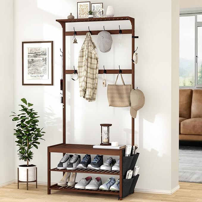 AMBIRD Hall Tree with bench and shoe storage, Entryway Bench with shoe storage, 6-in-1 Coat Rack with Cloth Bag and 12 Coat Hooks, Sturdy Bamboo Frame, Brown 31 * 15 * 70 Inches - Image 3