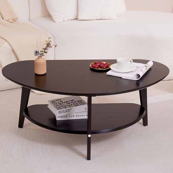 Mid Century Modern Coffee Table, Oval Coffee Tables with Storage for Living Room, 2 Tier Solid Wood Center Table, Black Coffe Tables, Easy Assembly, 40.2" D x 22" W x 17.7" H