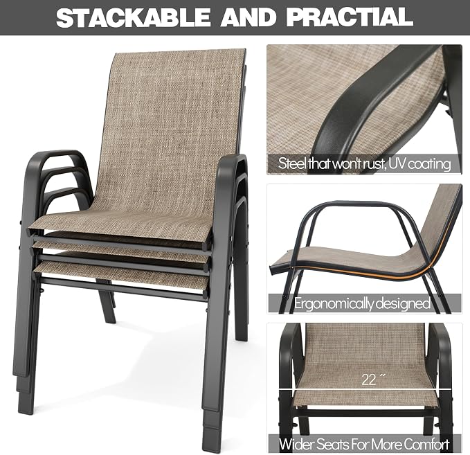 Patio Chairs Set of 4, Stackable Outdoor Dining Chairs for All Weather Textilene Fabric & Metal Frame, Outdoor Chairs Set for Backyard Deck Garden (Brown, Set of 4) - Image 3