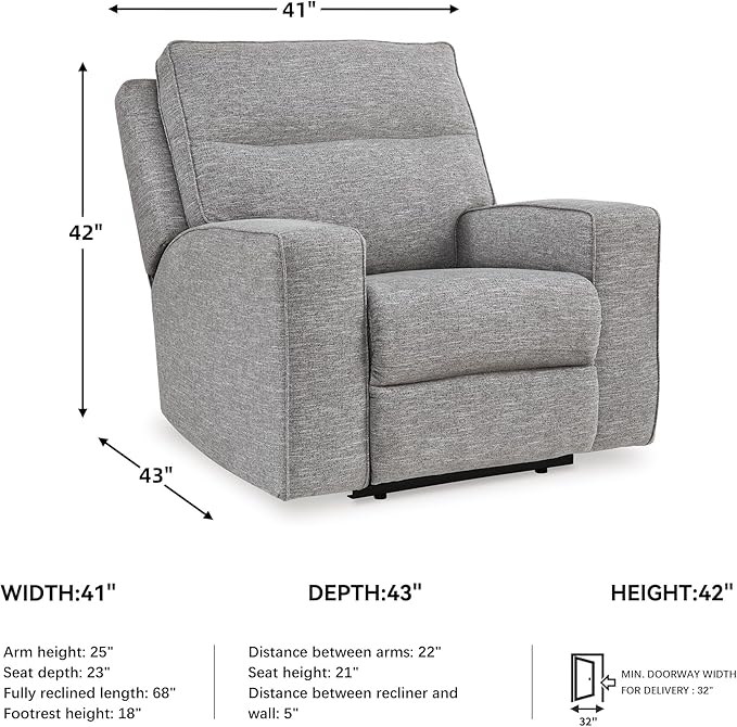 Signature Design by Ashley Biscoe Contemporary Power Recliner with Adjustable Headrest, USB Charging, Cleanable Performance Fabric, 21" Seat Height, Gray