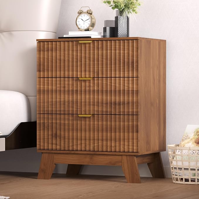 Nightstand with 3 Large Drawers,24" Wide End Table with Curved Metal Handles,Fluted Wood Small Dresser,Bedside Table,Modern Chest of Drawers for Bedroom,Living Room, Walnut by Thacuok
