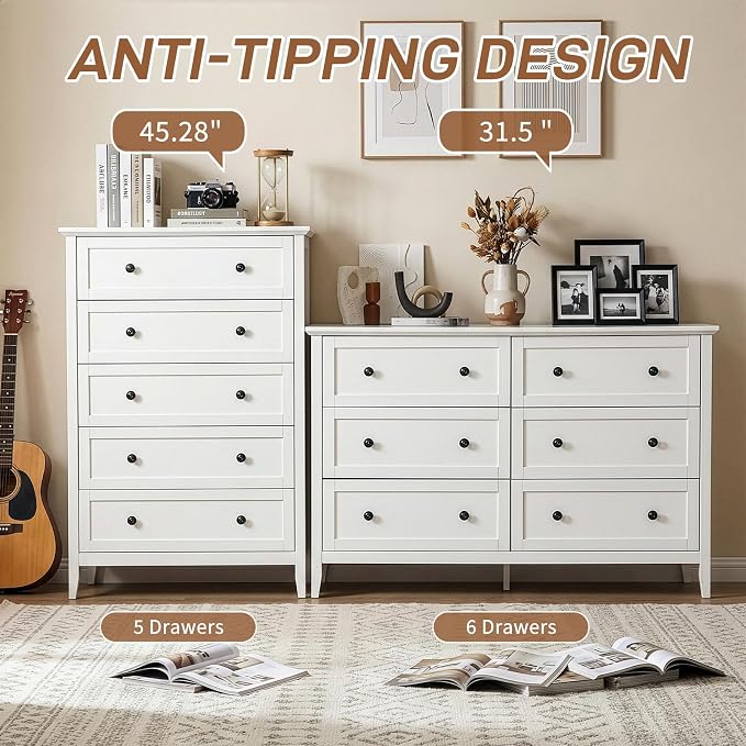 Karl home 6 Drawers Dresser for Bedroom, White Wood Dresser with Double Handle, Farmhouse Tall Chest of Drawers, Storage Organizer for Living Room, Closet, Hallway - Image 6