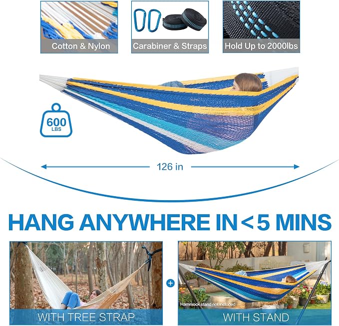 PNAEUT Handwoven Mayan Hammock, Thick Soft Rope Double Hammock for Outdoor Outside & Indoor, 600 lbs Capacity Heavy-Duty, Includes Tree Straps, Carabiners & Carrying Bag (Caribbean Sea, X-Large) - Image 6