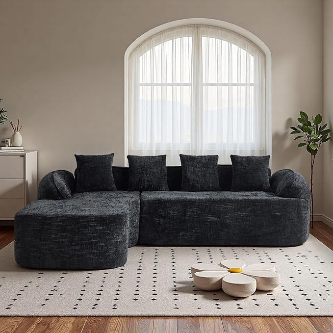 L Shaped Compression Sofa, Modern Modular Couch with Left Chaise Lounge & 4 Lumbar Pillows, Chenille Fabric Oversized 4-Seater Cloud Couch with Rounded Armrests for Living Room, Black