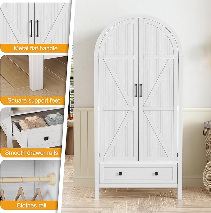 PAKASEPT Armoire Wardrobe Closet with Drawers and 2 Arched Fluted Doors, 70.9‘’ Tall Wooden Bedroom Armoire with LED Light & Shelves and Hanging Rod (White)
