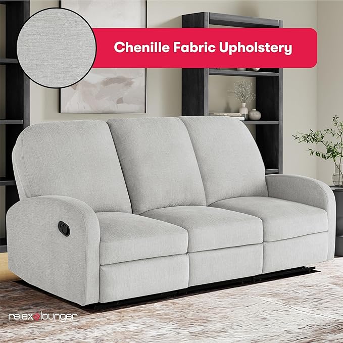 Relax-A-Lounger® Palmdale 79.6" Rocker Manual Pull-Handle Sofa Recliner, Soft Modern, Pocket Coil Comfort, Black Metal Base Leg, Soft Chenille Fabric, Light Gray