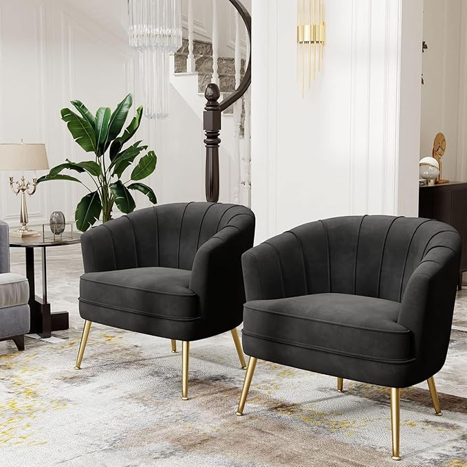 Andeworld Velvet Accent Chair Set of 2, Upholstered Modern Single Sofa Side Chair,Comfy Barrel Club Living Room Armchair with Golden Metal Legs for Bedroom Living Reading Room Office, Black