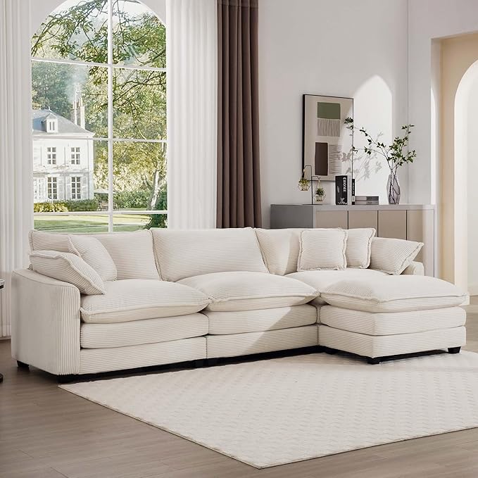 KEIKI 115" L-Shaped Oversized Corduroy Modular Sectional Sofa with 1 Ottoman, High-Density Foam Cushions, Removable Armrests, Upholstered 3-Seater Corner Couch with 5 Pillow, for Living Room, Beige