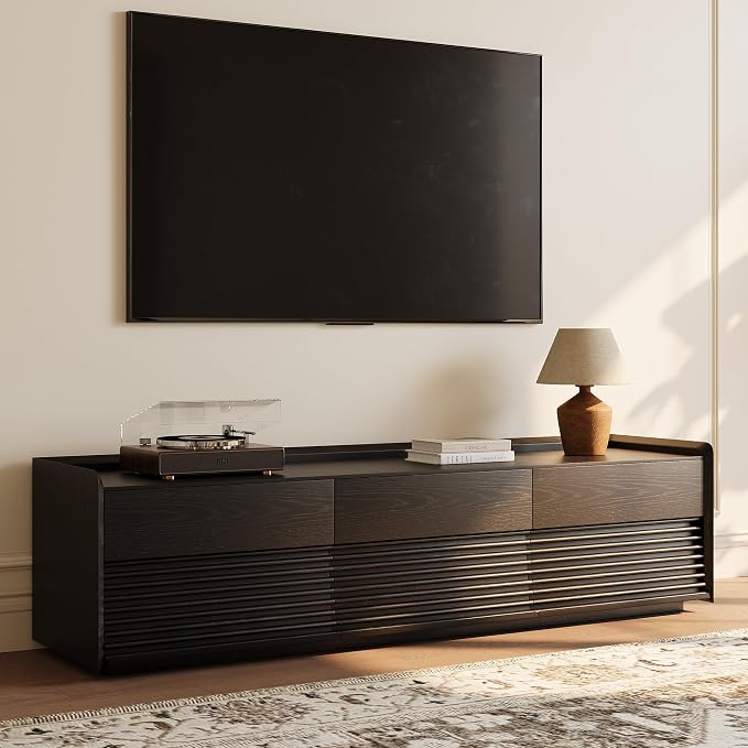 POVISON Fully-Assembled Mid Century Modern TV Stand, 70.87" Entertainment Center with LED Light, Black Walnut Solid Wood TV Console for Living Room, TV Stand with Storage - Image 2