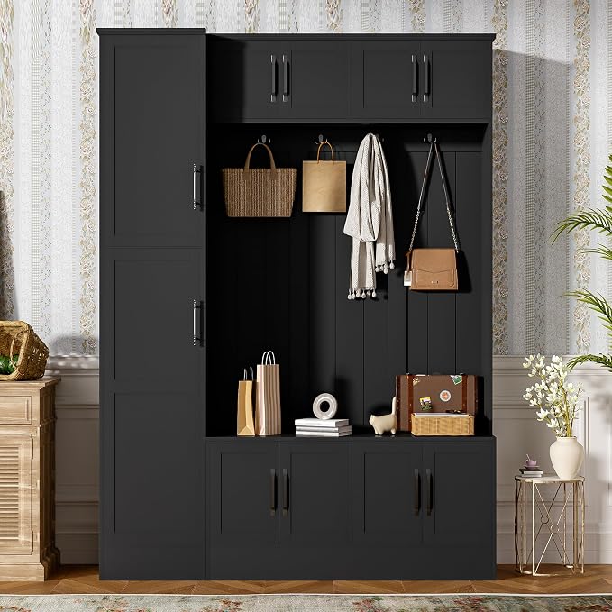 Merax Farmhouse Wood Hall Tree with 6 Hooks and Shoe Bench, Mudroom Versatile Coat Racks with 6 Cabinets & Adjustable Shelf, Entrance Organizer for Hallway, Entryway, Living Room Black - Image 2