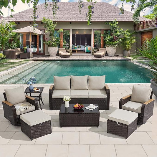 7 Pieces Outdoor Furniture Set with Swivel Chairs, Wicker Patio Furniture for Porch Deck Bistro Lawn Garden Backyard Poolside- Brown Rattan/Khaki