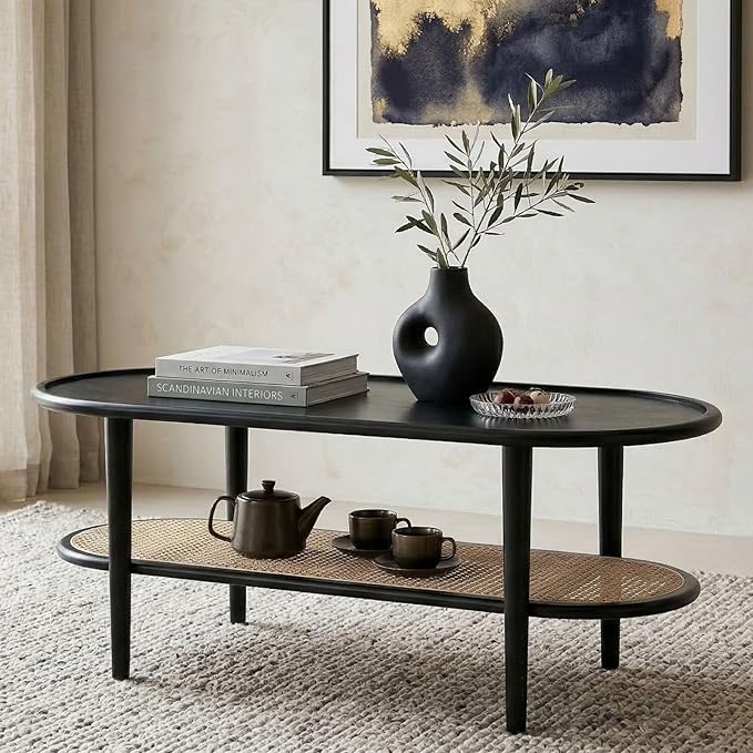 Black 2-Tier Oval Coffee Table with Rattan Storage Shelf, Modern Boho Cane Wicker Coffee Table for Living Room, Minimalist Wooden Accent Table for Entryway