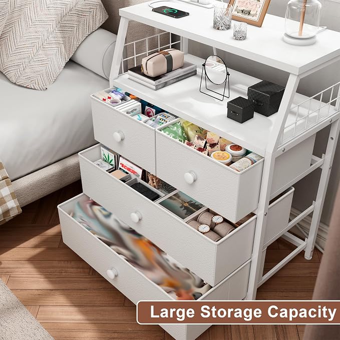 EnHomee Nightstand with Charging Station & LED Lights, End Table with 4 Fabric Drawers, Bedside Table with Shelf, Furniture for Bedroom, Dorm, Closet, Entryway, Wood Top, White - Image 5