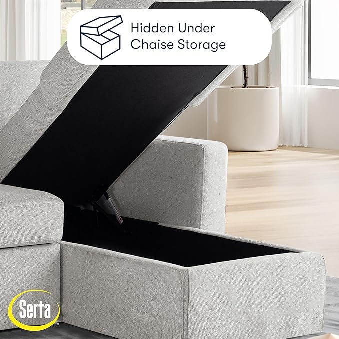 Serta Hawthorne 89.8" Slipcovered Convertible Sleeper Sofa Chaise, Queen Size, Dreamcoil Comfort, Reversible Storage Chaise, Polyester Tweed Fabric, Linen