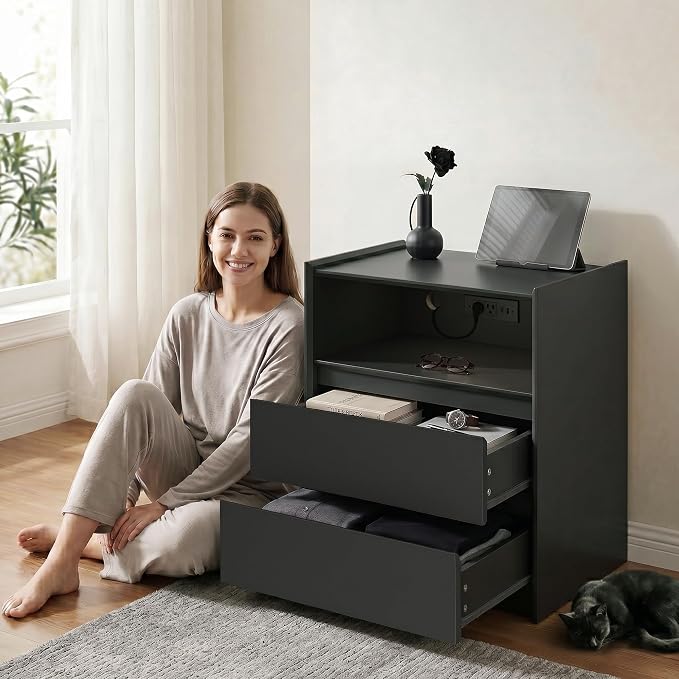 24" Tall Nightstand with Charging Station Including USB-C, Modern Bedside Table and Sofa End Table - Black, 2 Drawers, 1-Pack - Image 4