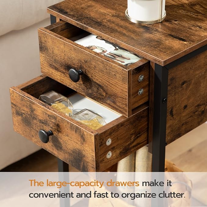 HOOBRO Tall Nightstand, End Table with 2 Drawers and Storage Shelf, Industrial Telephone Side Table for Study, Bedroom, Space Saving, Easy Assembly, Rustic Brown and Black BF72BZ01 - Image 5