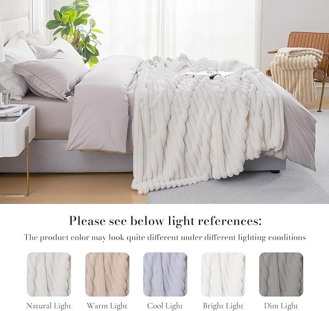 Amélie Home Faux Fur Throw Blanket for Couch, Cozy Fuzzy Fluffy Fur Luxurious Soft Striped Plush Gift Blankets for Family Sofa Chair Bedroom, 55"x70", Ivory