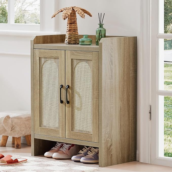 Mericonia Shoe Cabinet Storage for Entryway, Natural Rattan Shoe Storage Cabinet, Wooden Shoe Rack Cabinet, Farmhouse Boho Wood Shoe Organizer Cabinet for Hallway - Image 9