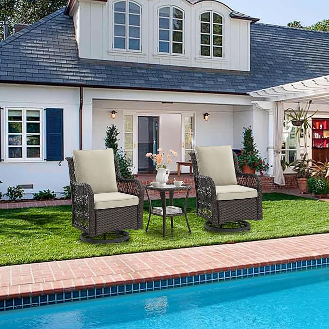 GarveeHome 3 Piece Outdoor Patio Set, Wicker Rocking Bistro Set with 2 Swivel Chairs & Tempered Glass Top Table, Rattan Outdoor Furniture with Cushions for Patio Porch Backyard