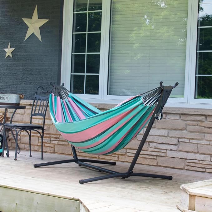 Vivere Double Cotton Hammock with Space Saving Steel Stand, Upgraded Polyester End Strings 450 lb Capacity - Premium Carry Bag Included - USA Grown Cotton (Watermelon) - Image 4