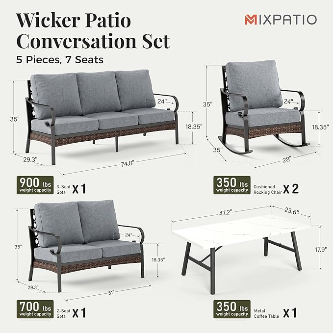 Patio Furniture Set with Coffee Table, Outdoor Conversation Set with 2 x Rocking Chairs, 1 x 2-Seat Sofa, 1 x 3-Seat Sofa for Lawn Garden Backyard, Grey