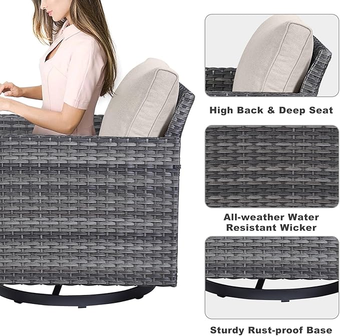 Belord Patio Conversation Set with Swivel Glider Chairs - 9 Piece Outdoor Sectional Furniture Set with Storage Box and Metal Top Table Gray Wicker/Beige Cushions