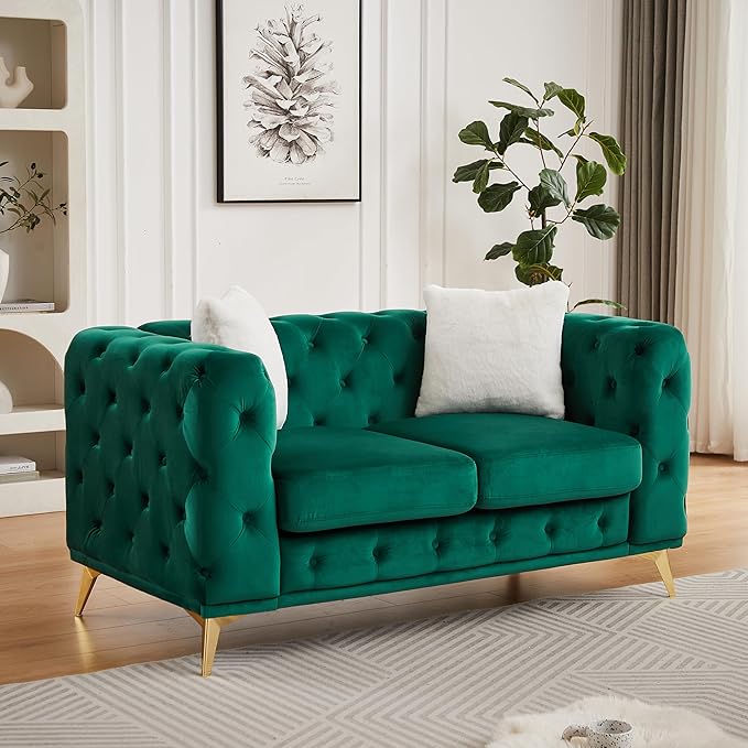 KEIKI 61" Luxury Oversized Velvet Chesterfield Sofa with 2 Pillows, Mid-Century Style 2-Seater Tufted Buttons Couch with High-Density Foam Cushions, Easy Assembly, for Apartment, Living Room, Green