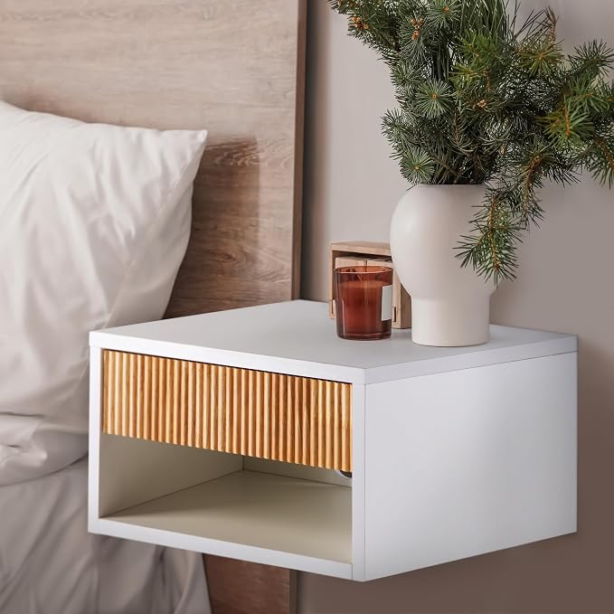 JONATHAN Y NST2001B Elise 15.71" Classic Contemporary Floating Wall Mounted Nightstand with Soft-Close Tambour Drawer and Cable Hole, White/Light Oak by JONATHANY