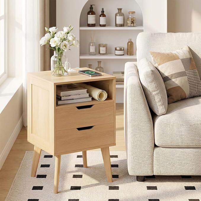 MAHANCRIS Natural Nightstand with Charging Station, Modern Bedside Table with 2 Storage Drawers, Open Storage, Night Stand with Solid Wood Legs, for Bedroom, End Side Table for Small Spaces, ETNA69E01 - Image 5