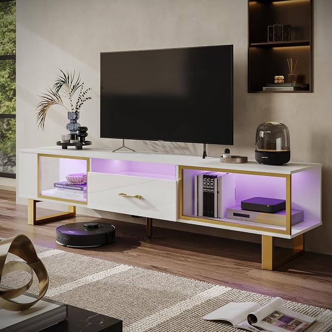 Bestier TV Stand with LED Light for TVs up to 80 Inch, Modern Entertainment Center with Open Storage and Half-Glass Design Drawer, High Gloss Media Console Table for Living Room Bedrom, White and Gold by Bestier