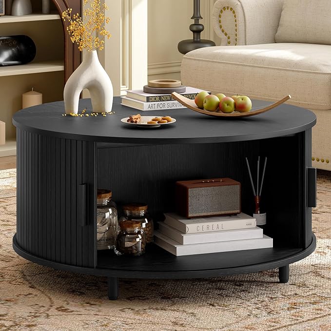 31.5 Inch Round Coffee Table, Mid-Century Modern Coffee Table wtih Storage, Fluted Coffee Table with Adjustable Footpads, 360° Rotating Sliding Door, Center Table for Living Room (Black)