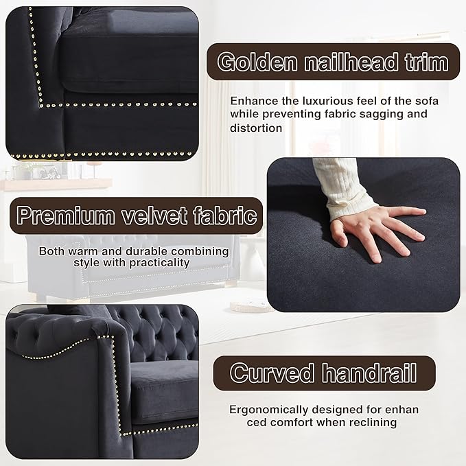 KEIKI Chesterfield Sofa, Retro Style Upholstered 3+2 Seat Couch with Rolled Arm for Living Room Bedroom Office, Black
