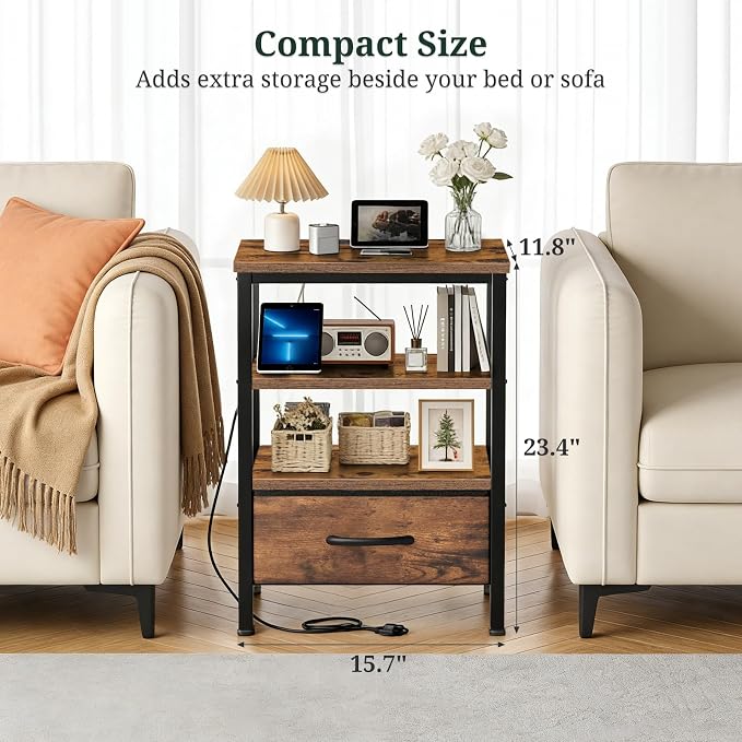 Nightstand Set of 2 with Charging Station, Bedside Table with USB Ports & Outlets, Small Dresser End Table with Fabric Drawer and Open Storage Shelf, Wooden Top for Bedroom, Brown - Image 6