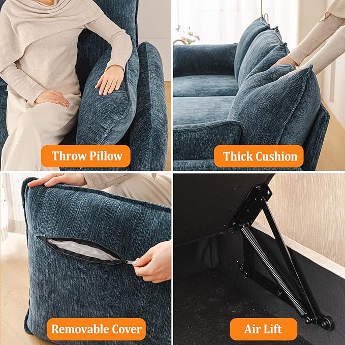 Rexulqo Oversized Accent Chair with Seats Storage,Comfy Living Room Chairs with 2 Throw Pillow,Upholstered Mid-Century Armchair,24.5'' Deep Seat,Big Reading Chair for Bedroom,Office,Chenille,Blue