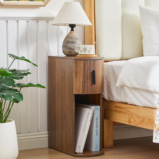 Janmer Home Fluted Narrow Nightstand for Bedroom, Curved Slim Storage End Table with Drawer, Side Table, Wooden Bedside Cabinet for Small Spaces, Walnut by JanmerHome