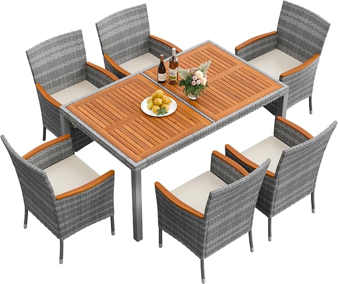 Flamaker 7 Piece Patio Dining Set Outdoor Acacia Wood Table and Chairs with Soft Cushions Wicker Patio Furniture for Deck, Backyard, Garden (Grey) by Flamaker