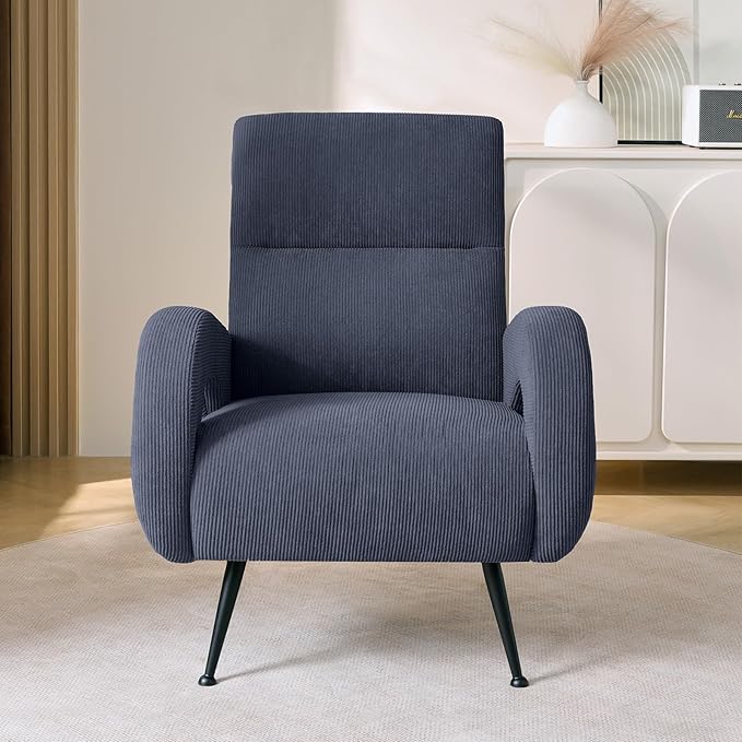 Corduroy Living Room Accent Chairs, Comfy High Back Reading Chair with Curved Arms and Solid Legs, Upholstered Armchair for Bedroom, Reading Nook, Apartment, Navy Blue