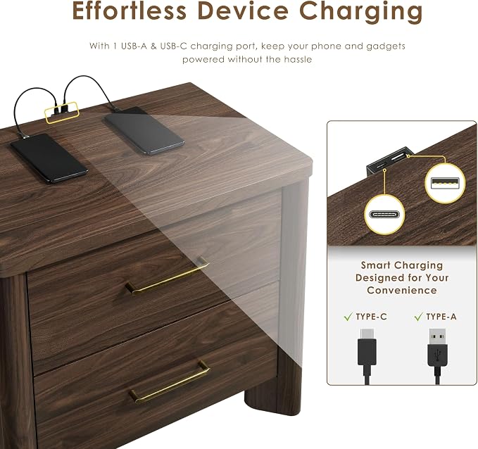 24/7 Shop at Home Sawer Modern 23-inch Wood Nightstand Set of 2 with 2 Drawers and USB Ports, Wooden Night Stand for Bedroom, Apartment, Small Bedside Table, Walnut - Image 3